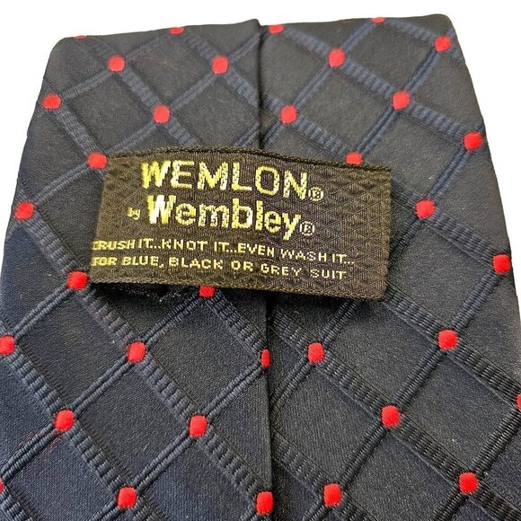 70s Wemlon by Wembley Tie Danbury Grid Red on Navy Washable Poly Mens 4"W x 28L - Picture 2 of 5